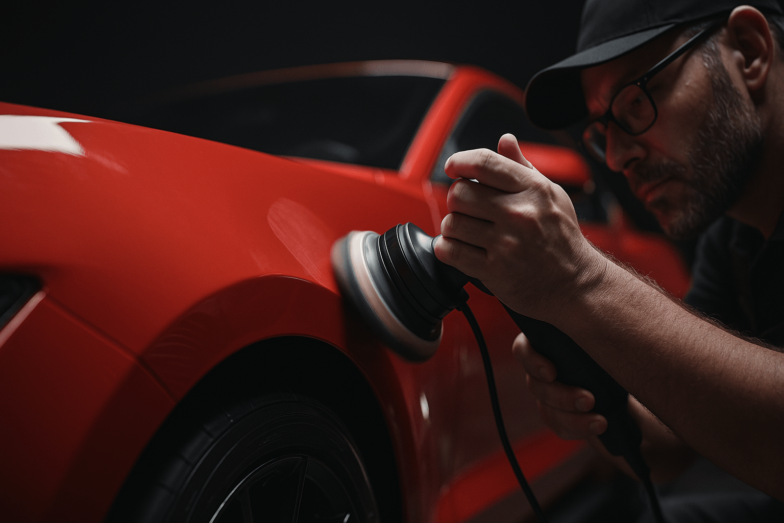 A man detailing an orange-coloured car