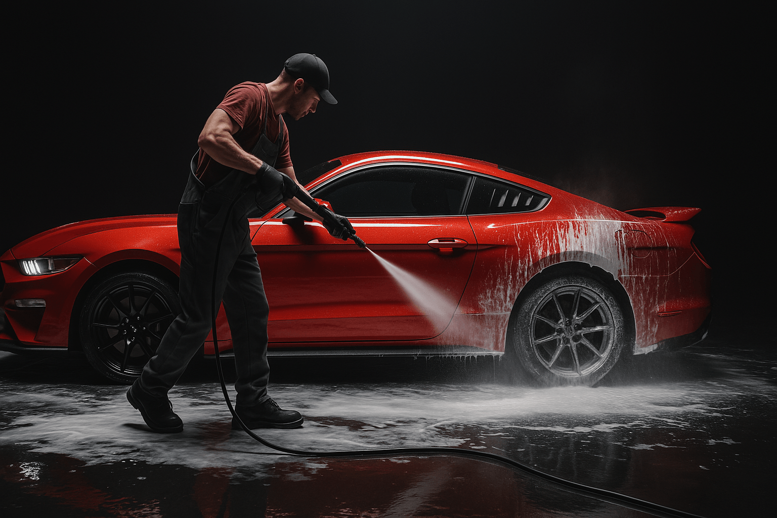 A man detailing an orange-coloured car
