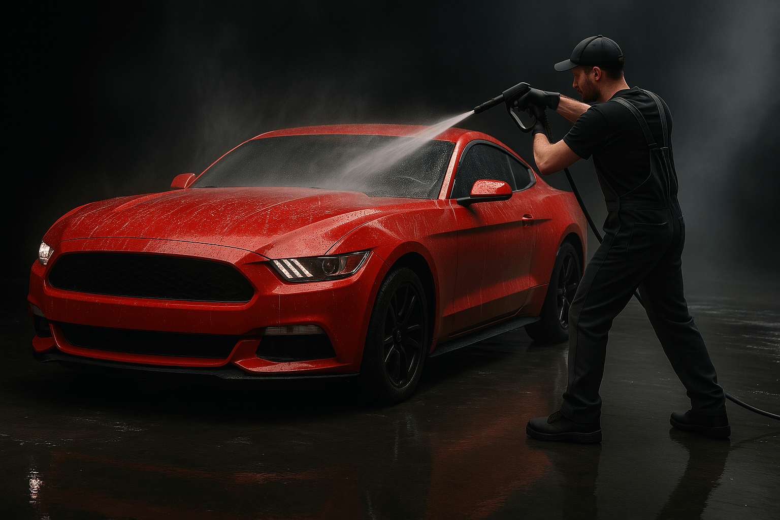 Pressure washing a car with a front left angle